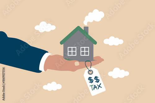 A hand holding a house with a tax tag, symbolizing property tax and real estate burden