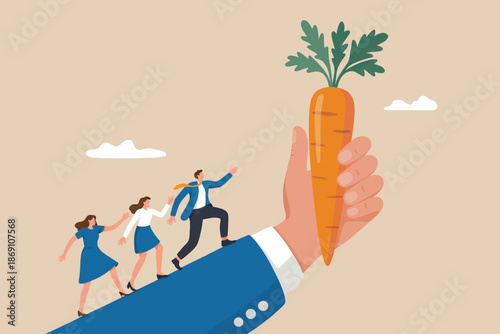 Business team climbing up a giant arm towards a carrot, symbolizing incentive and motivation for success