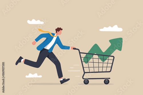 Businessman running fast with a shopping cart symbolizing rapid growth and market success