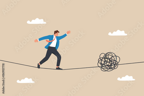 Businessman navigating complex challenges and problems on a tightrope path to success