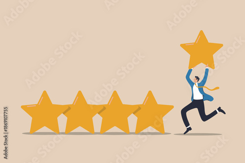 Businessman running to complete five-star rating, symbolizing excellence and top customer service