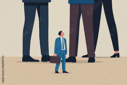 Принти на полотні A small businessman standing among the towering legs of larger figures, feeling