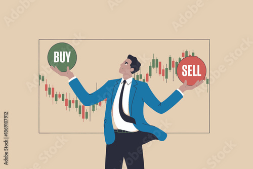 Financial market decision-making: trader weighing buy and sell options with candlestick chart