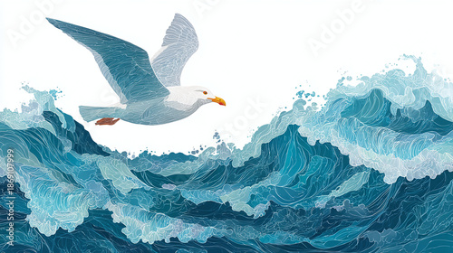 A seagull soaring above the crashing ocean waves, a symbol of freedom and resilience. The seabird is flying over a tumult of cerulean water.