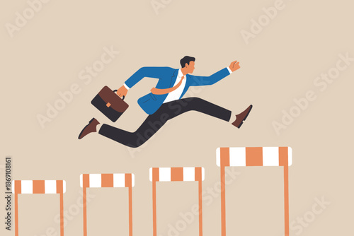 Businessman triumphantly jumping over hurdles to achieve success in a challenging environment