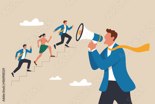 Team running up stairs while leader announces with megaphone