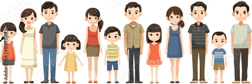 Ilustracja wektorowa przedstawiająca zróżnicowaną grupę osób, w tym rodziny i pokolenia, idealna do projektów z przezroczystym tłem.