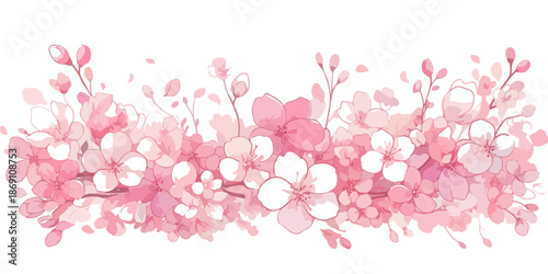 화사한 수채화 핑크 벚꽃과 섬세한 꽃잎이 어우러진 봄 테마의 우아한 장식 테두리 일러스트레이션으로, 배경 디자인에 부드럽고 로맨틱한 분위기를 더합니다.