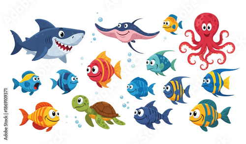 Cute cartoon sea life vector characters set with shark octopus turtle and fish isolated on transparent background