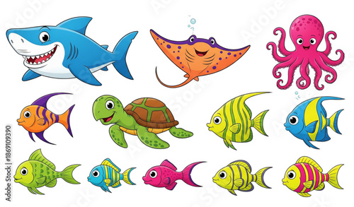 Garish kids ocean animal cartoon vector collection isolated on transparent background