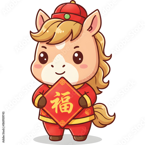 Animated vector Chinese New Year horse chibi wearing red traditional Chinese clothes, holding the letter ???, cute expression