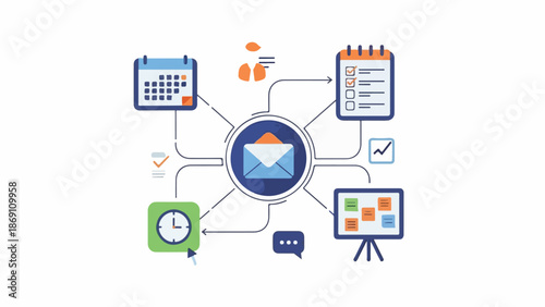 Flat lay illustration of various office and communication icons connected to an email symbol on a white background with a professional and organized mood.