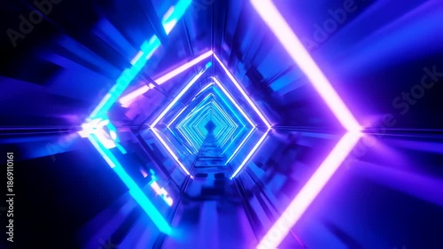 A perspective view down a neon lit tunnel with diamond shaped lights of blue, purple, and white