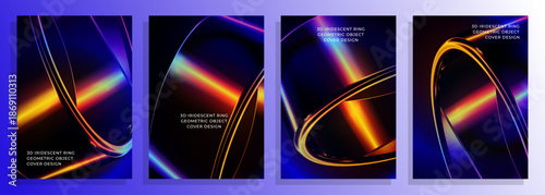 Abstract 3D iridescent ring geometric object cover poster background design set with neon light streaks and abstract color, A bold display of 3D neon light trails on a dark, gradient background.
