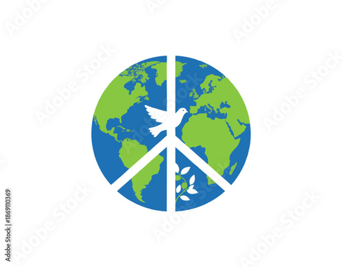 Colorful minimal vector global peace icon, earth with dove and olive branch