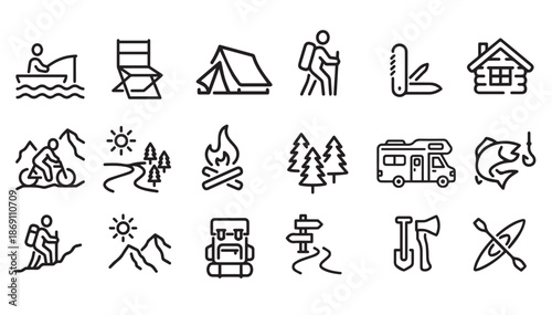 A collection of outdoor adventure and camping icons for hiking, fishing, and nature exploration