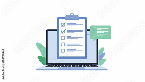 Flat illustration of a laptop with a clipboard checklist on the screen and a green speech bubble against a white background with green leaves.