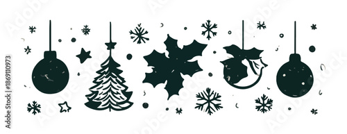 투명한 배경에 섬세하게 손으로 그린 거미줄과 거미, 서리 내린 겨울 나뭇가지와 붉은 열매가 어우러진 빈티지 스타일의 장식 일러스트레이션.