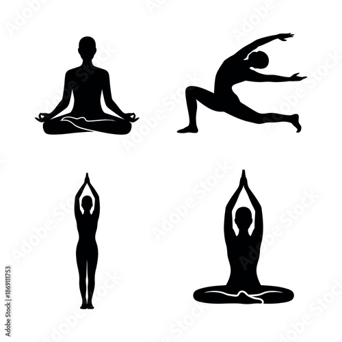 People practicing different yoga poses silhouette Vector