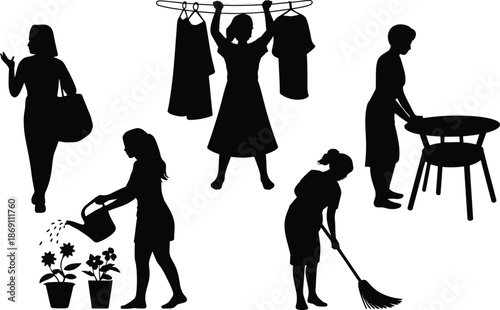 Cartoon household chore silhouette set with people cleaning, watering plants, hanging laundry, and sweeping for domestic activity themes.