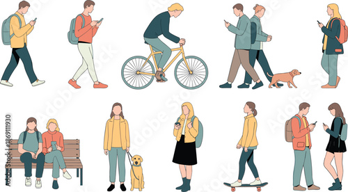 Cartoon urban lifestyle illustration set with people using mobile phones while walking, biking, skateboarding, and socializing outdoors.