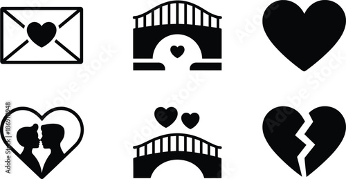 Cartoon Valentine icon set with love letter, heart bridge, kissing couple, and broken heart for romantic and emotional themes.