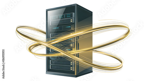 Server Rack with Golden Light Streaks, Data Center Technology, Network Infrastructure, Digital Information Flow