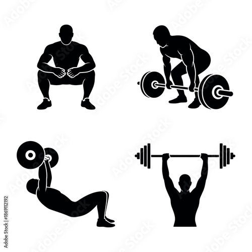 Various weightlifting exercises illustrated in a black silhouette Vector
