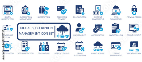 Digital subscription management icon set featuring membership plans, recurring billing, auto renewal, cloud services, invoice management, and premium access symbols.
