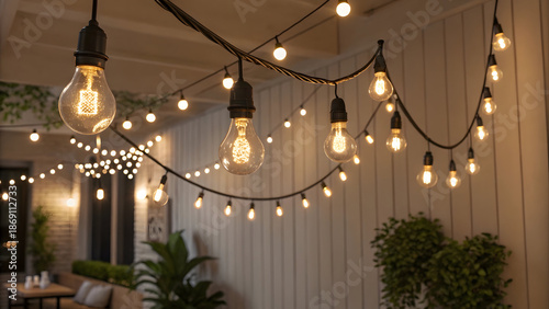Warm Edison String Lights Hanging Outdoors at Dusk Creating Cozy Ambiance - Cinematic