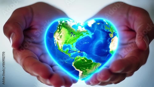 A heart-shaped illuminated globe, held within cupped hands, symbolizing care for the planet