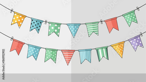 Colorful festive bunting flags strung on a line for celebration.