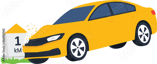 Car crash into milestone, auto accident concept, vehicle collision, roadside damage, traffic incident, insurance claim, driving mistake, broken marker, yellow sedan, impact force, driving danger