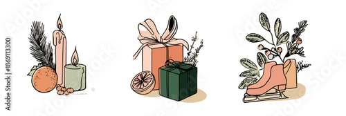 Zestaw ręcznie rysowanych, minimalistycznych ilustracji świątecznych z palącymi się świecami, prezentami i łyżwami figurowymi, idealny do zimowych projektów graficznych.