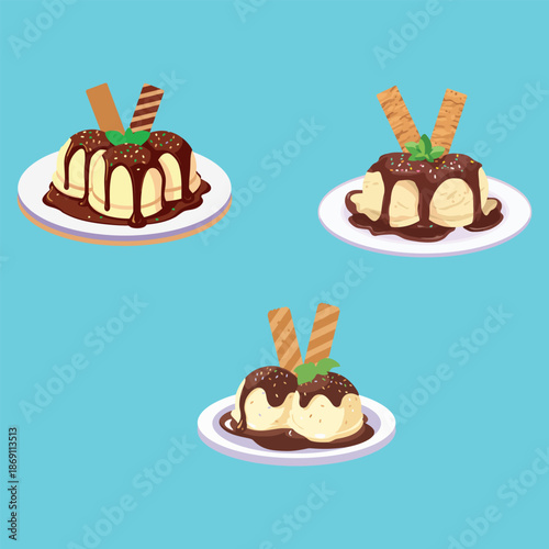 Tempting Vanilla Ice Cream Sundae with Rich Chocolate Drizzle Sprinkles and Fresh Mint
