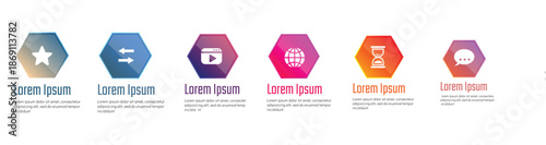 Colorful infographic layout with star arrows video globe hourglass and chat icons for website and app presentation