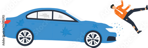 Car accident pedestrian collision showing a man hit by a damaged car. Personal injury and insurance claim concept. Vehicle crash road safety and traffic accident scene.