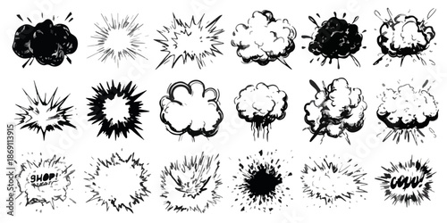 Kolekcja ręcznie rysowanych, czarno-białych efektów wybuchów, chmur dymu i rozbłysków w stylu komiksowym, idealnych jako przezroczyste elementy graficzne.