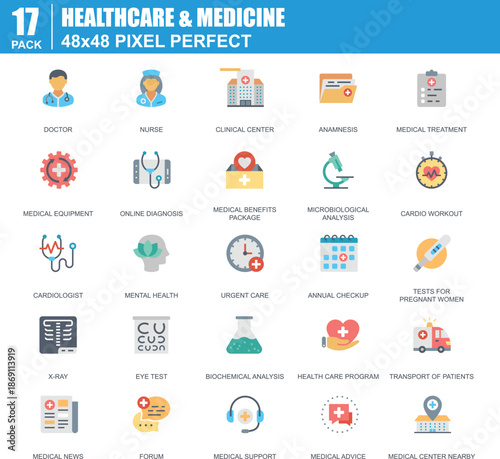 Healthcare and medicine icon pack with doctor nurse clinic diagnosis x ray cardiology mental health ambulance and medical support icons