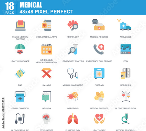 Wallpaper Mural Medical icon pack with ambulance medical records laboratory analysis first aid medicines DNA blood pressure and medical research icons Torontodigital.ca