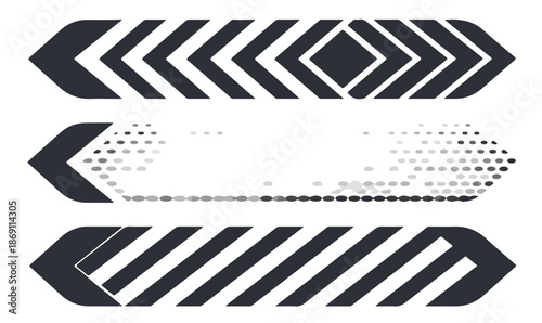 Zestaw trzech nowoczesnych, abstrakcyjnych wektorowych strzałek i banerów z geometrycznymi wzorami, idealnych do cyfrowych projektów graficznych.