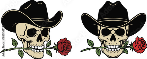Two Western Skulls with Cowboy Hats and Red Roses in Mouths Vector Illustration
