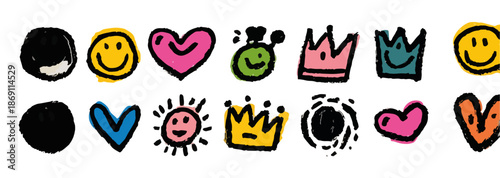 Kolorowe, ręcznie rysowane bazgroły z uśmiechniętymi buźkami, sercami i koronami, idealne jako przezroczyste elementy graficzne do zabawnych projektów.