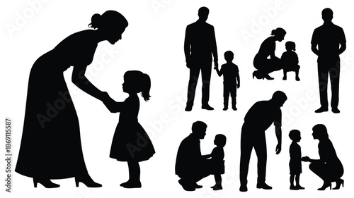 Silhouettes illustrating adults nurturing and interacting with young children in various poses