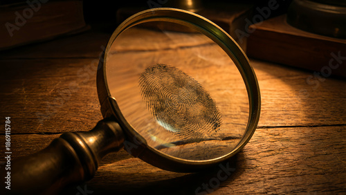 Vintage magnifying glass reveals a dark, smudged fingerprint impression examined closely under warm, dramatic lighting on an old wooden surface
