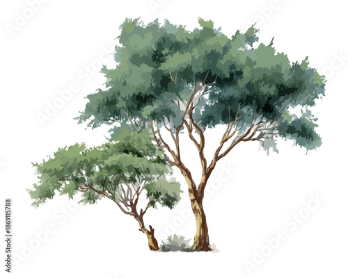수채화 기법으로 섬세하게 표현된 푸른 잎사귀가 무성한 두 그루의 나무 일러스트레이션으로, 투명한 배경 위에 고립되어 자연의 생명력을 강조합니다.