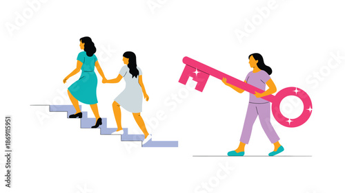 Strong women climb stairs for progress and support while another finds the key to success