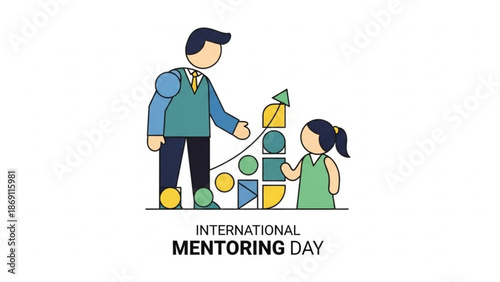 International mentoring day illustration of a man and a girl building a geometric puzzle together with mentorship and teamwork and collaboration