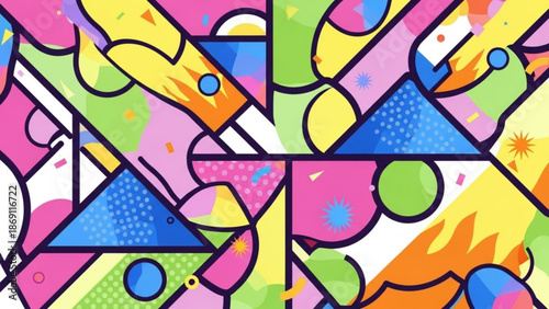 Vibrant abstract geometric shapes in pink blue green yellow and orange hues create dynamic composition with colorful and art and design and graphic