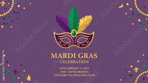 Mardi gras celebration invitation with purple mask and colorful beads on purple background with festival and carnival and party and event and feathers